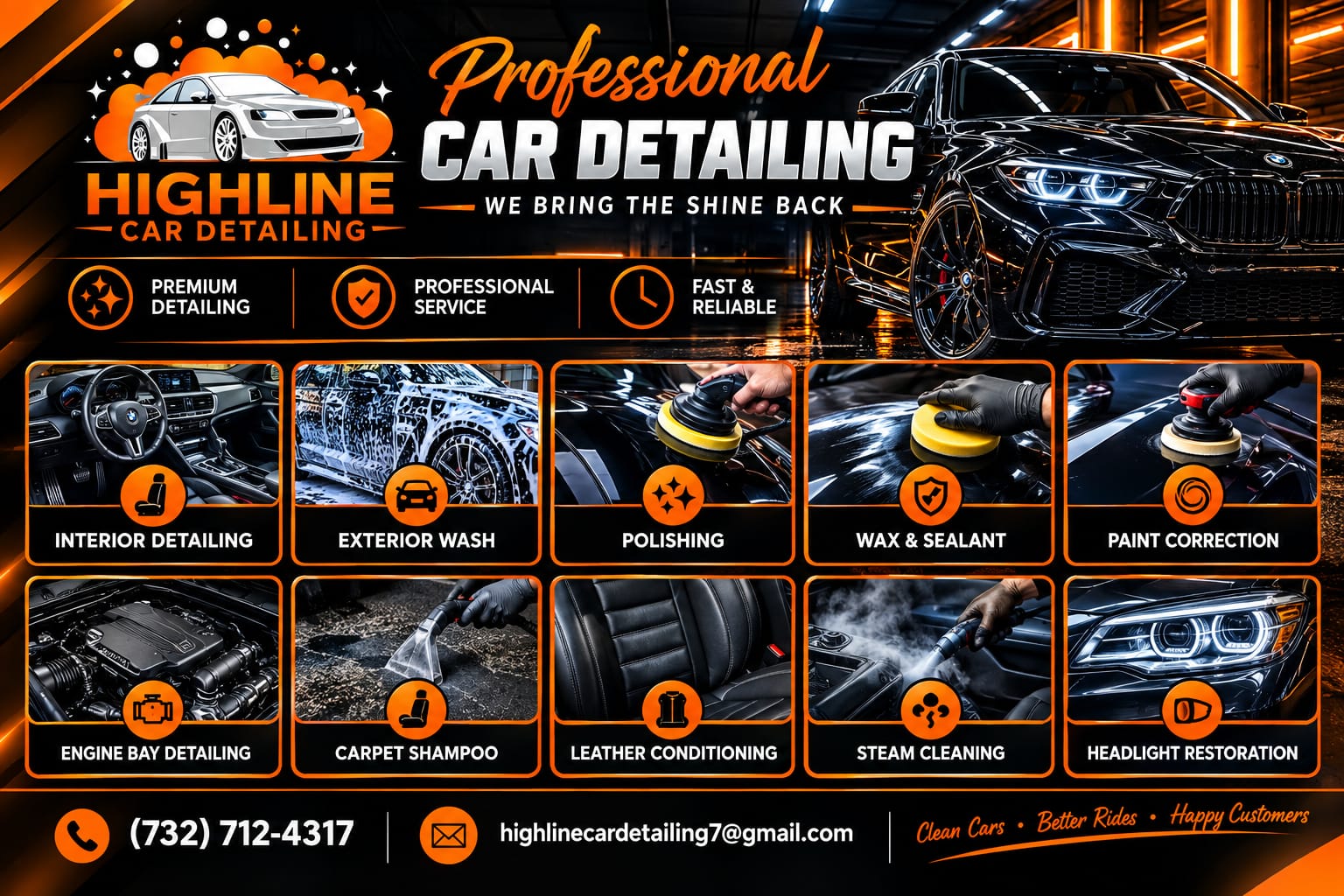 Collage of Highline Car Detailing professional services: interior cleaning, exterior washing, polishing and detailing work
